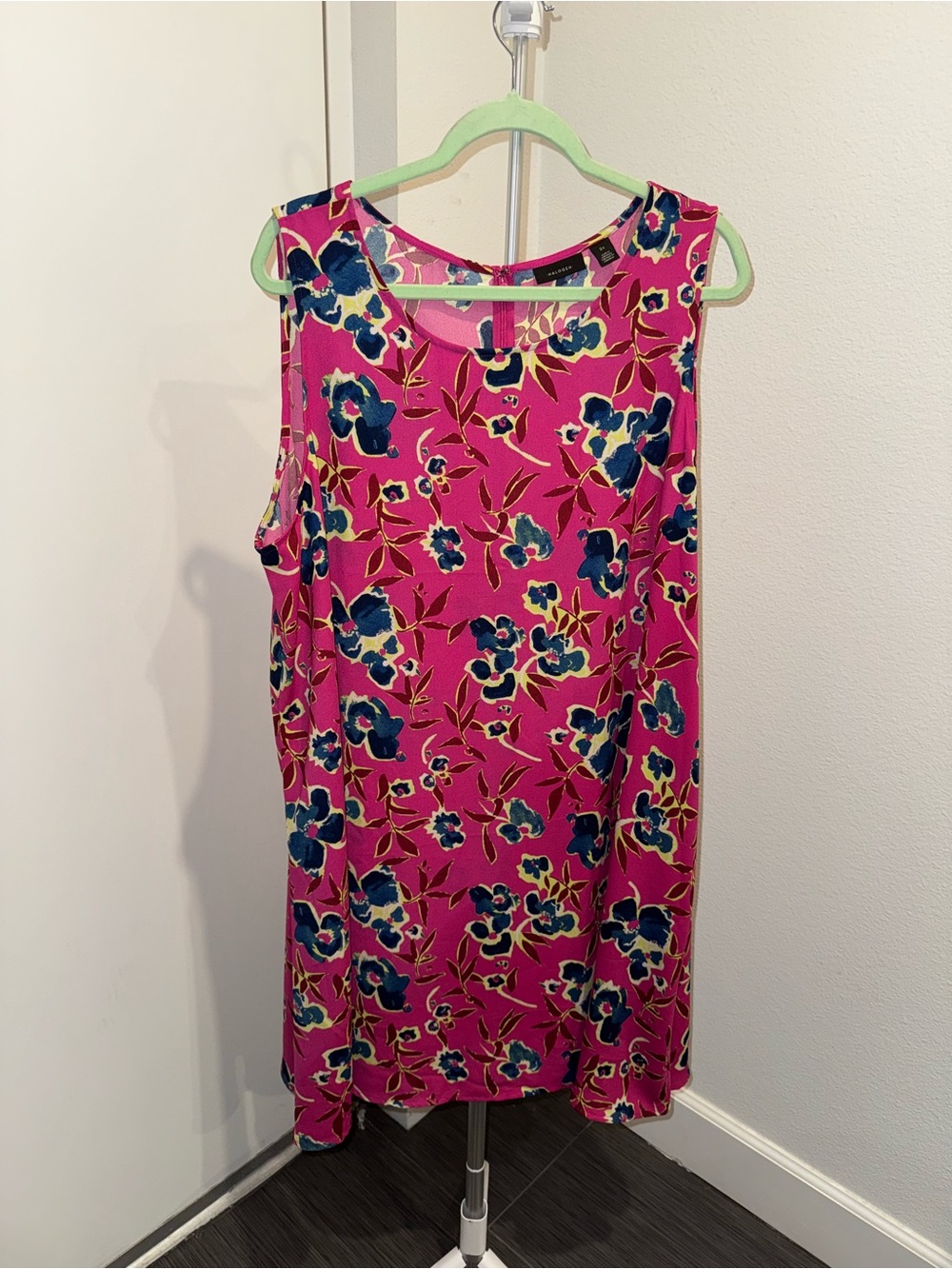 Halogen Pink Floral Dress Blue and Green Accents Zipper Resortwear Maximalist